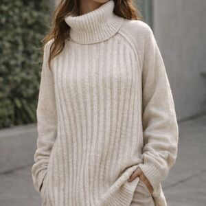 Free people chunky ribbed Turtleneck Sweater size xs oversized cream knit